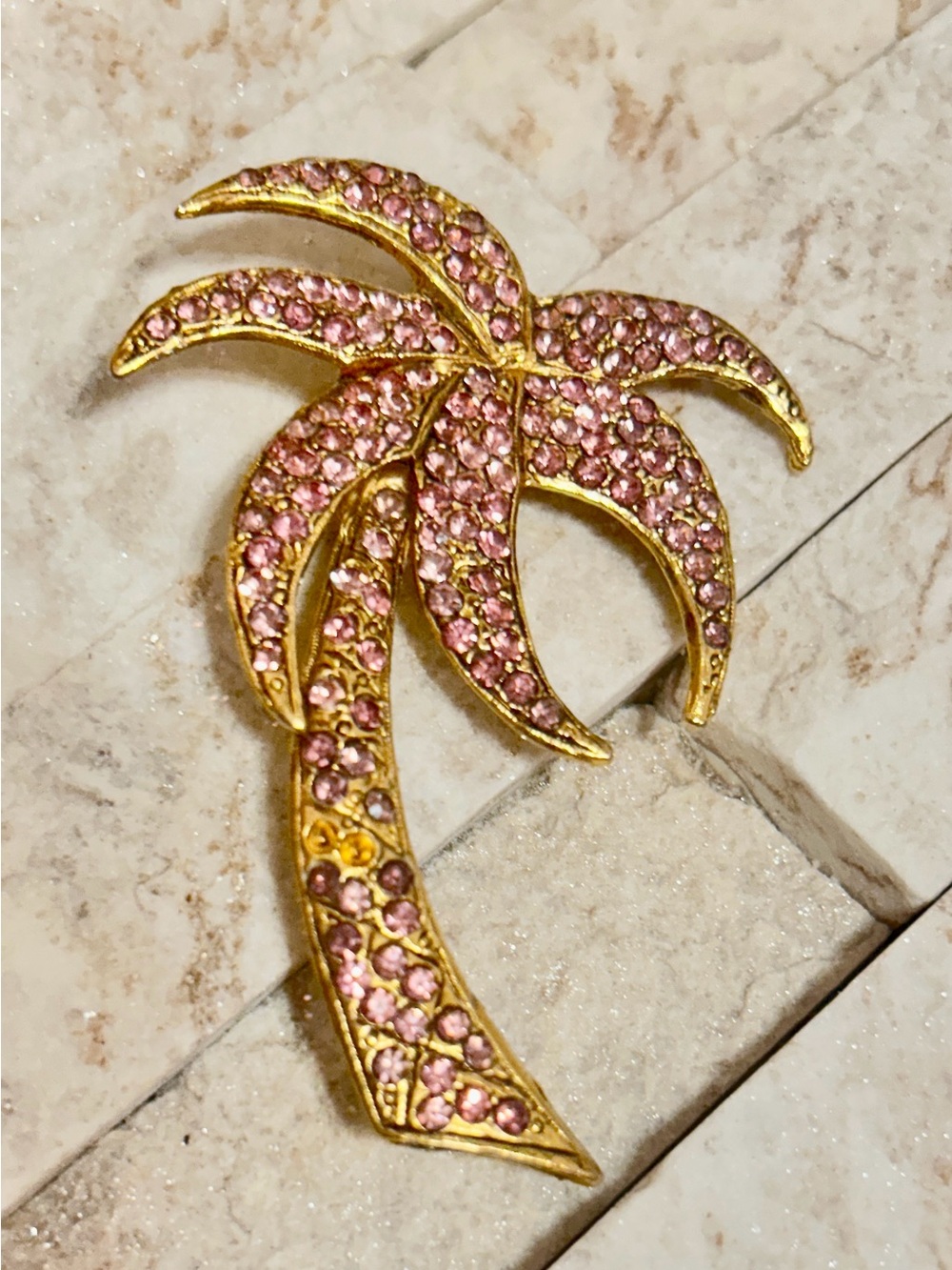 Vintage Thelma Deutsch Palm tree pink crystals brooch.